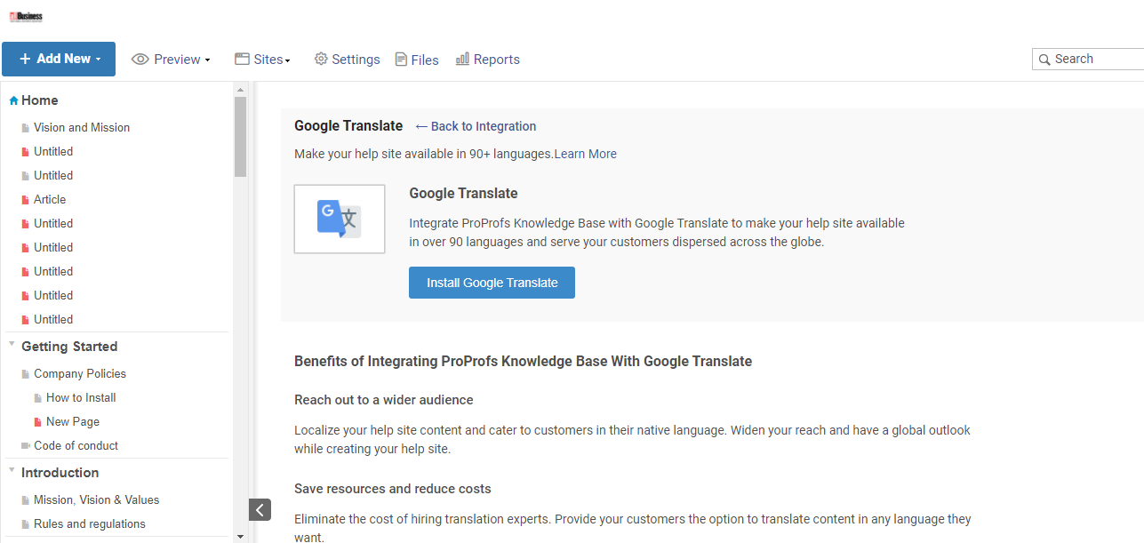 Google translate in knowledge base software