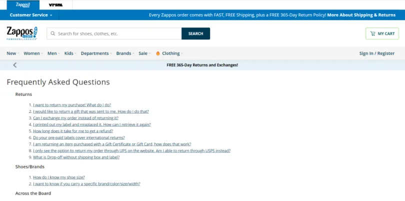 Zapoos FAQ Page Example