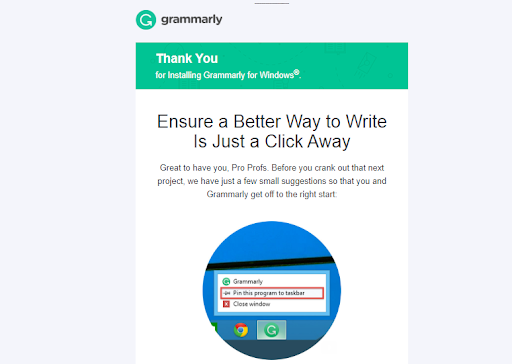 Grammarly welcome onboarding message