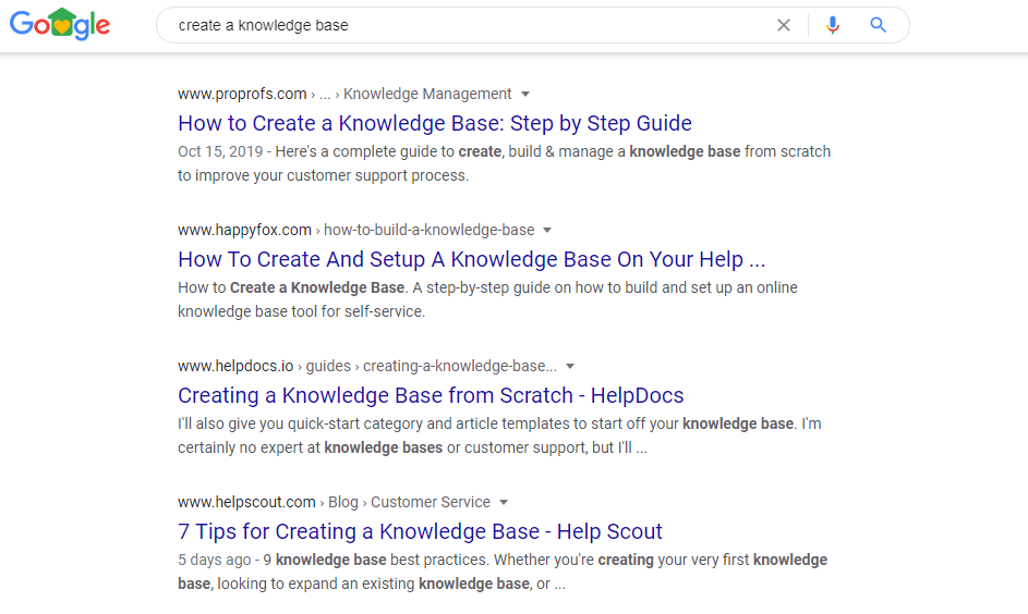google SERPs results on knowledge base software