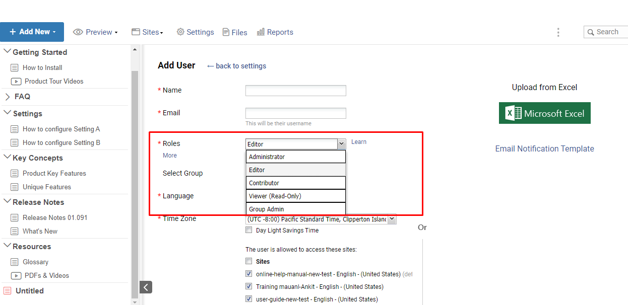 manage roles in online manuals