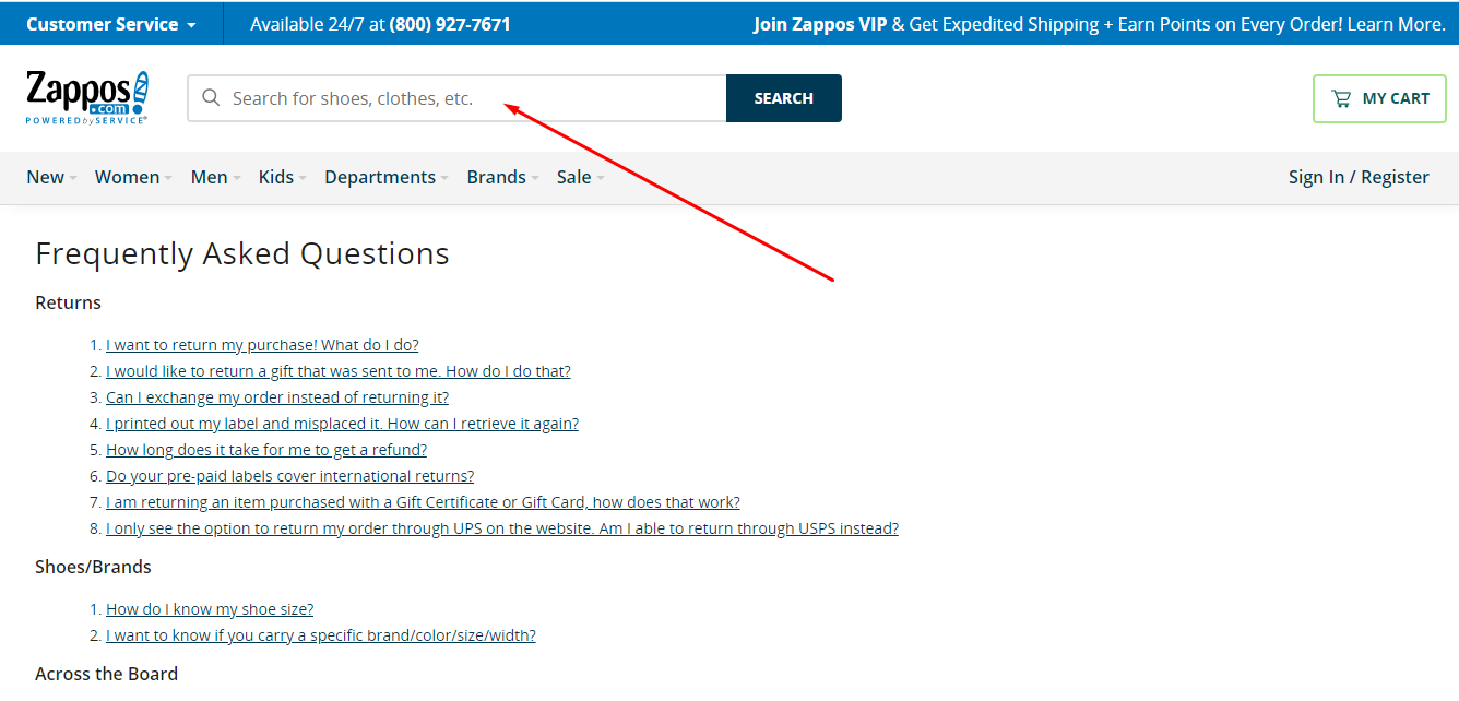 Zappos FAQ section navigation