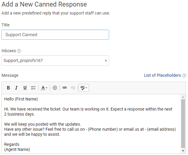 Canned response in ticketing system