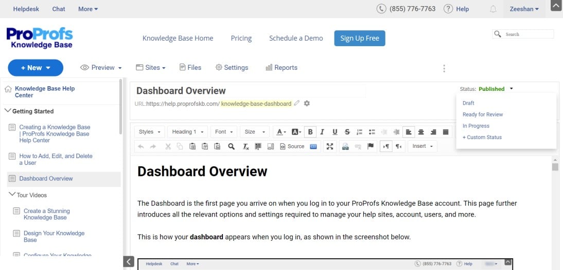 ProProfs knowledge base - Dashboard overview