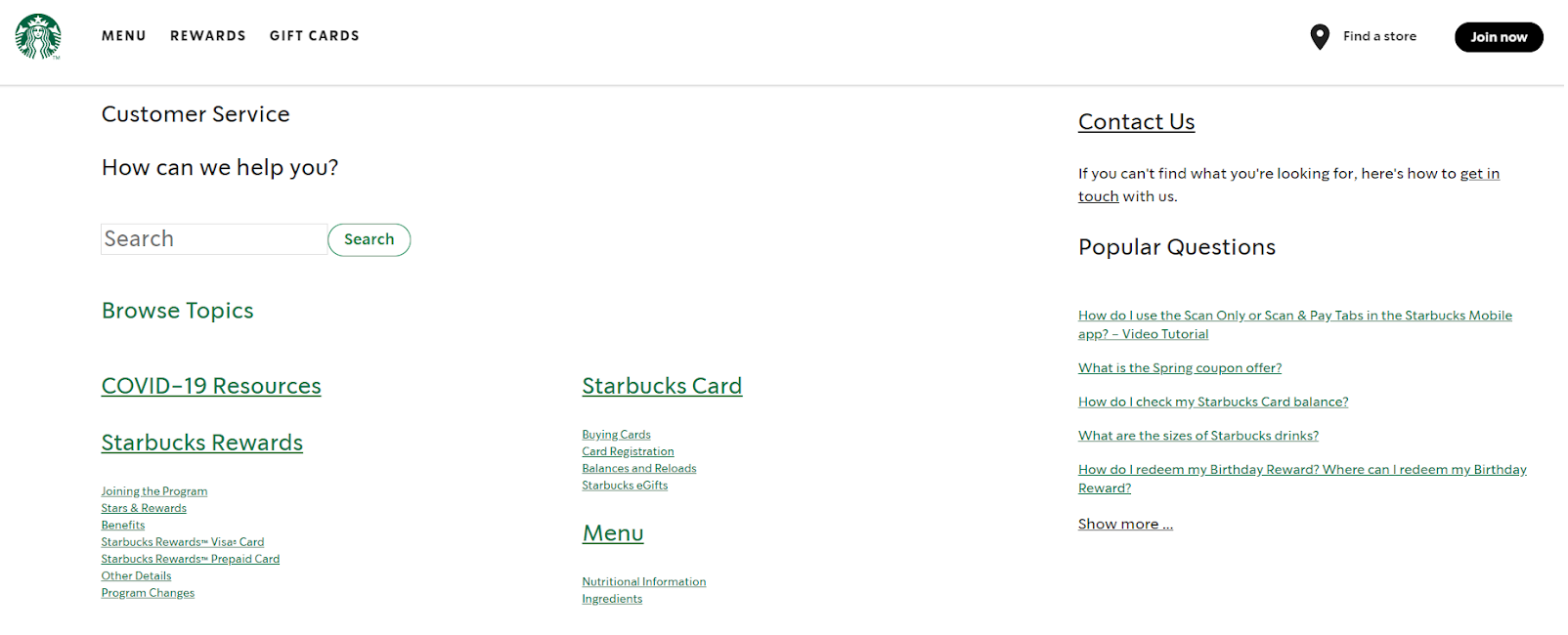 Starbucks - FAQ Page Example